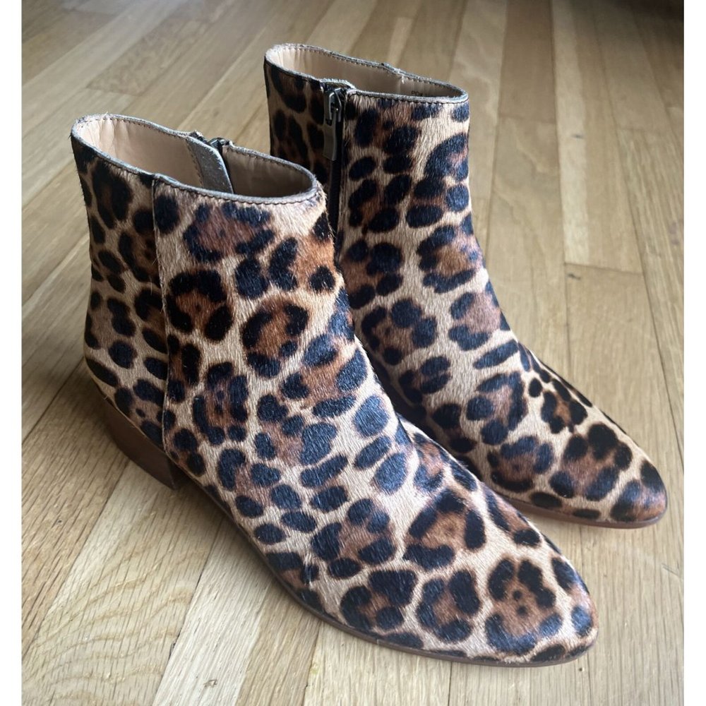 J.CREW Boot Size 7.5 Leopard Print Calf Hair Sawyer Stacked Wooden Heel …